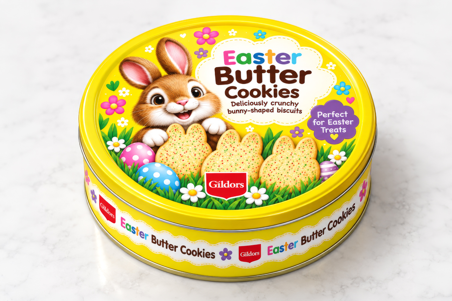 Gildors yellow Easter Butter Cookies tin with a bunny and decorated biscuits