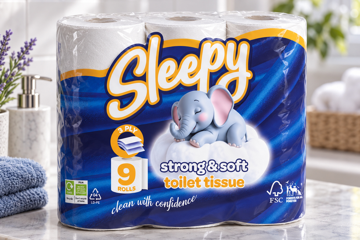 Sleepy nine-roll toilet tissue pack with a blue elephant on blue and yellow packaging
