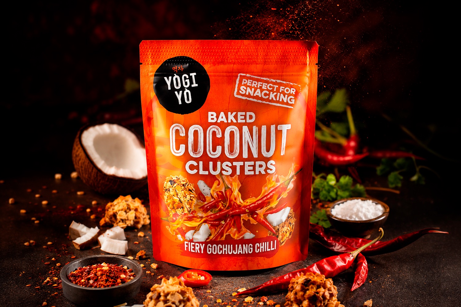 Yogi Yo baked coconut clusters in orange Fiery Gochujang Chilli packaging